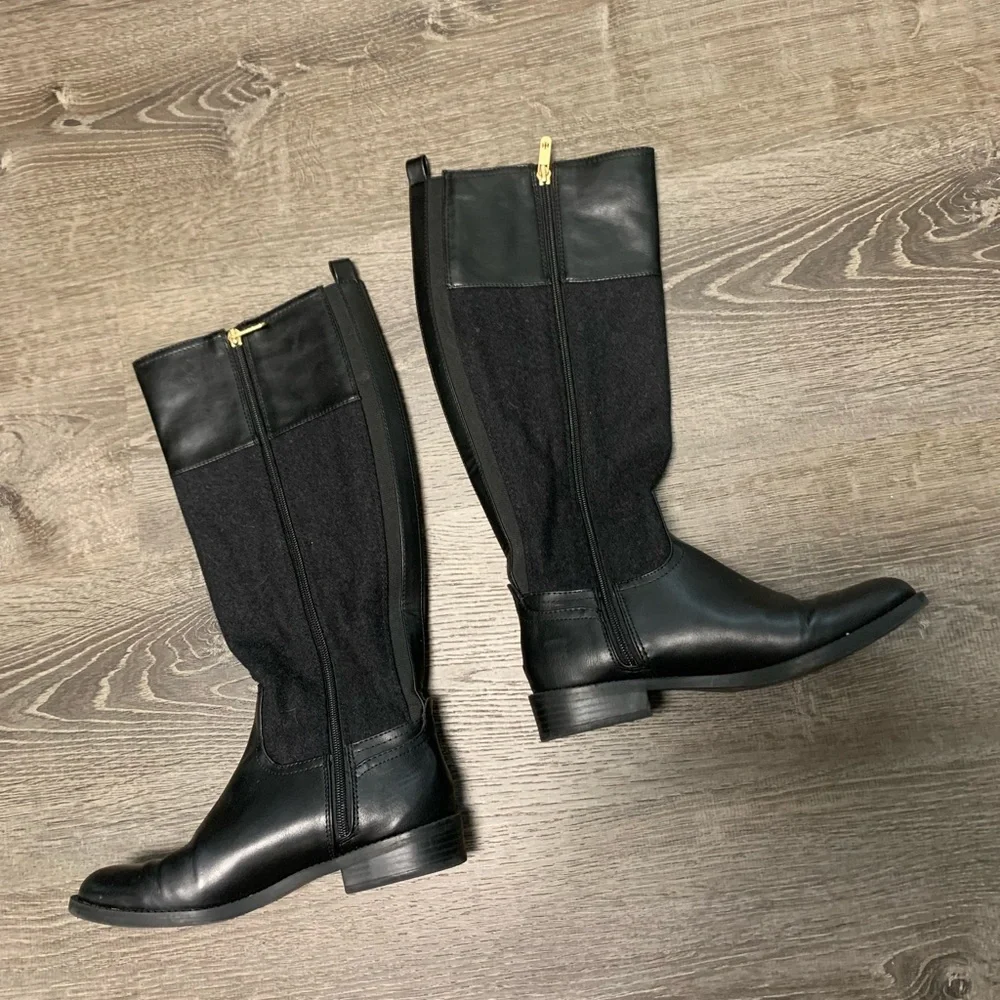 Tommy Hilfiger Riding Style Boots Black Faux Leather and Wool.  Sz 7.   EUC!